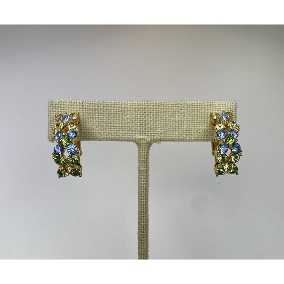 Joan Rivers Blue Green Yellow Rhinestones Pierced Semi Hoop Earrings Gold Tone - Picture 1 of 10